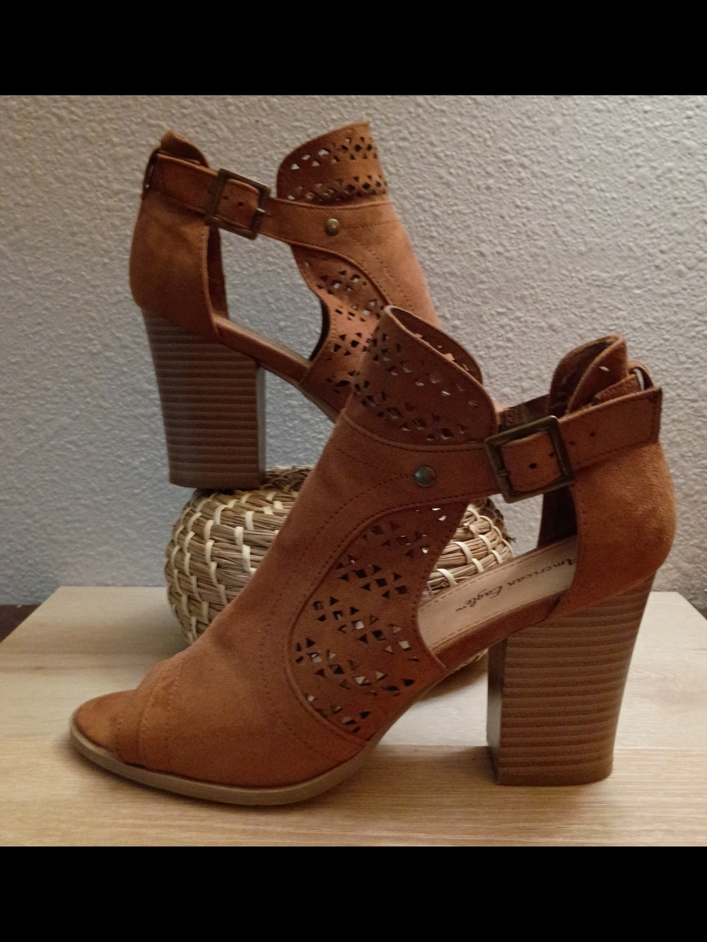 American Eagle Outfitters Tan Suede Cutout Block Heel Sandals